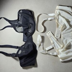 black plunge and white balconette mesh wire bras